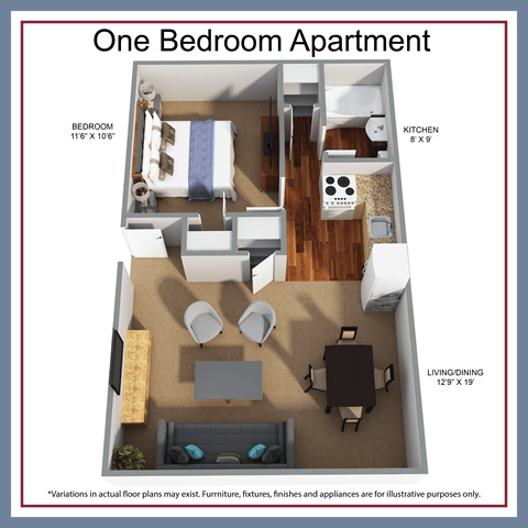Floor plan for 1 bed, 1 bath, 513 sqft